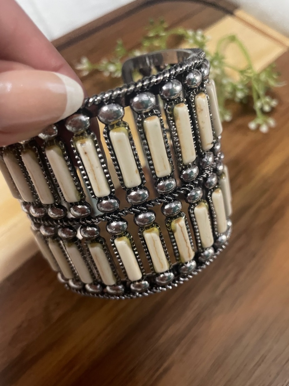 Ivory Bone-Inlay Wide Cuff Bracelet - Boho Silver Tone